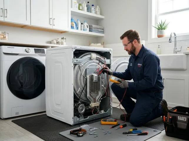 Appliance Repair Hero technician checking a dryer heating element with the rear panel off in Buena Park, CA