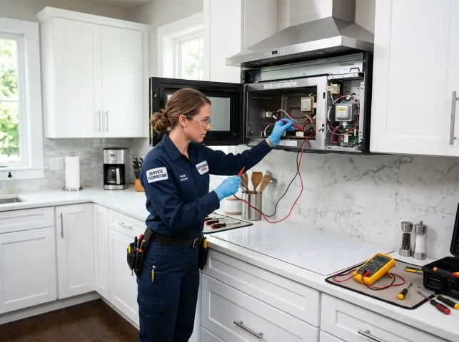 Appliance Repair Hero technician testing an over-the-range microwave in a Buena Park, CA kitchen