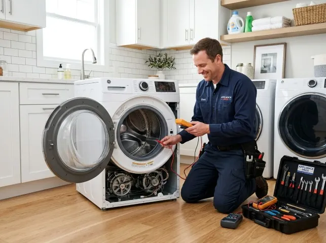Appliance Repair Hero technician testing a front-load washer with a multimeter on a Buena Park, CA service call